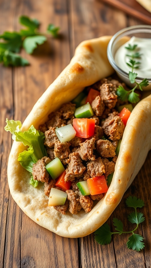 Beef-Stuffed Pita Bread Recipe Beef-stuffed pita bread with lettuce, tomato, cucumber, and tzatziki sauce on a wooden table.